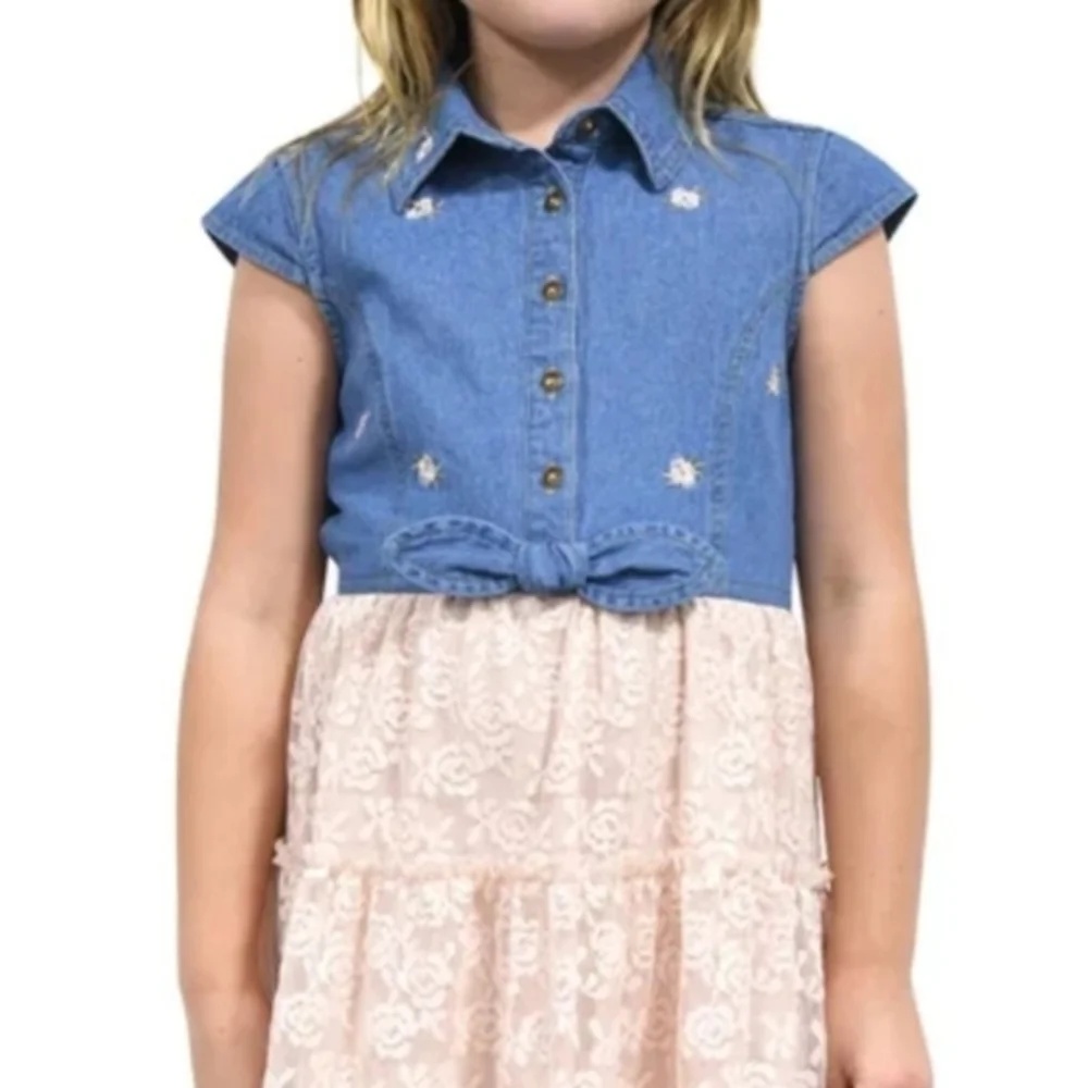 Zunie Blue Denim and Pink Lace Kids Dress - Picture 1 of 5